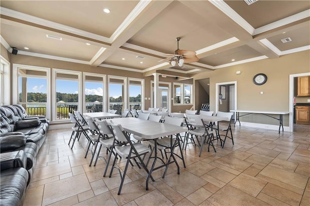 dining room featuring ornamental molding, ceiling fan, coffered ceiling, and beam ceiling