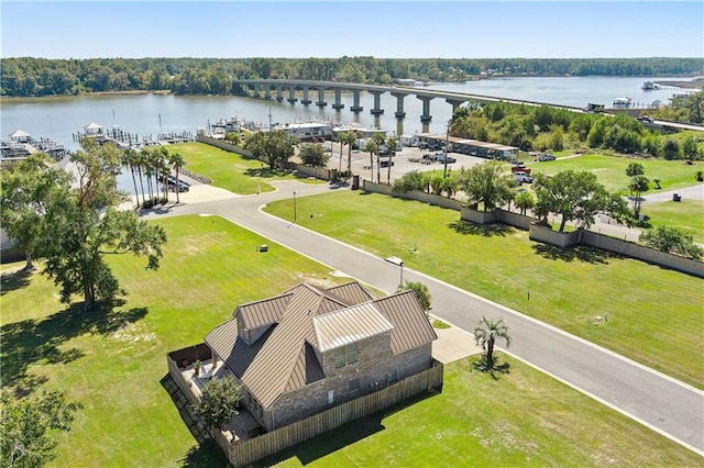 drone / aerial view with a water view