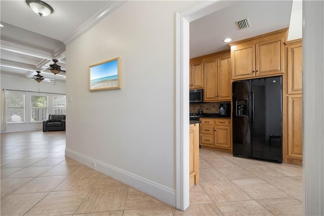 kitchen with light tile patterned floors, black refrigerator with ice dispenser, ceiling fan, tasteful backsplash, and ornamental molding