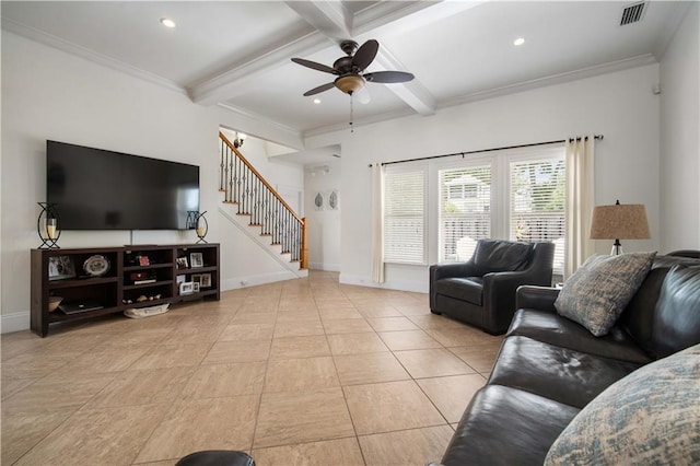 living room featuring coffered ceiling, ceiling fan, beam ceiling, and ornamental molding