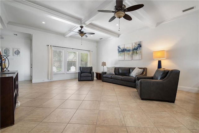 tiled living room with crown molding, ceiling fan, coffered ceiling, and beam ceiling