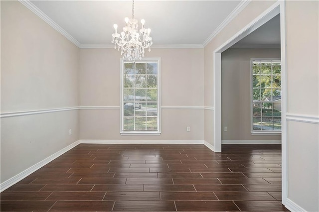 unfurnished dining area with ornamental molding, a notable chandelier, and dark wood-type flooring