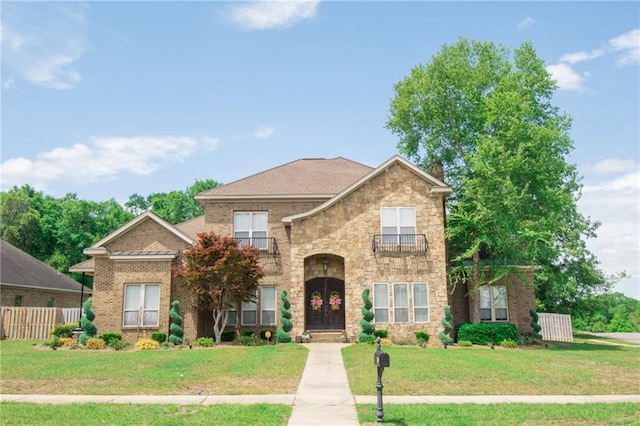 view of front of property with a balcony and a front yard