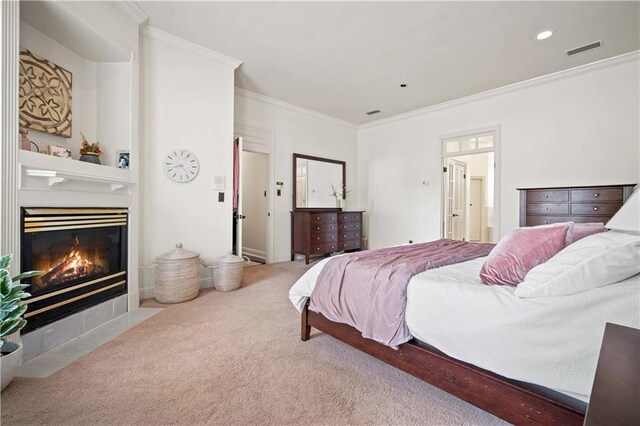 6721 Stonebrook Dr N, Mobile, AL 36695 - bedroom featuring ornamental molding, carpet, and a fireplace