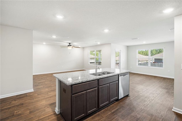 10529 Wales Ln, Spanish Fort, AL 36527 - kitchen featuring open floor plan, dishwasher, dark wood-style floors, a kitchen island with sink, and recessed lighting