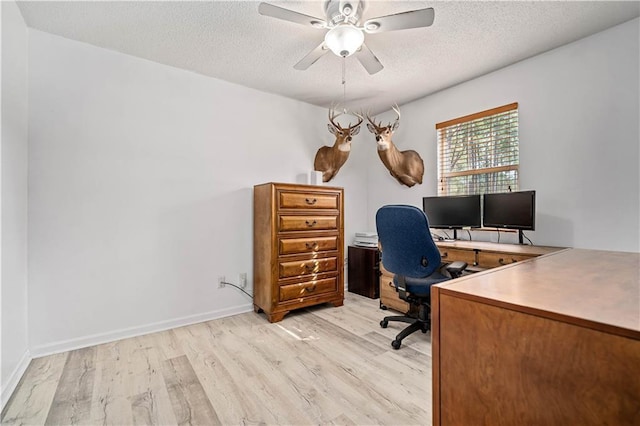 office area with ceiling fan, light hardwood / wood-style floors, and a textured ceiling