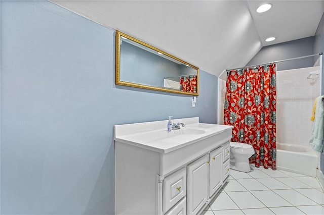 bathroom with shower / tub combo, toilet, vanity, vaulted ceiling, and tile patterned flooring