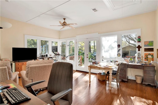 home office with ceiling fan, french doors, and hardwood / wood-style flooring