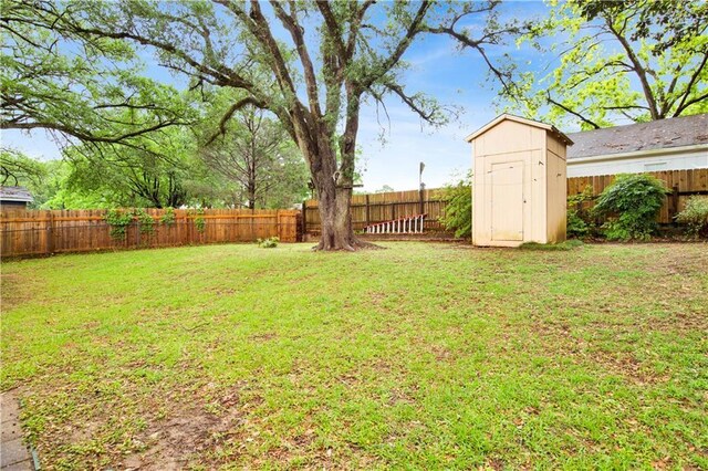 view of yard featuring a storage unit, a fenced backyard, and an outdoor structure