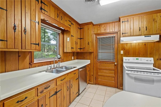 5416 Hilltop Dr N, Mobile, AL 36608 - kitchen featuring under cabinet range hood, electric stove, dishwasher, light countertops, and light tile patterned floors