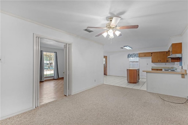 kitchen featuring stove, light colored carpet, ceiling fan, kitchen peninsula, and crown molding