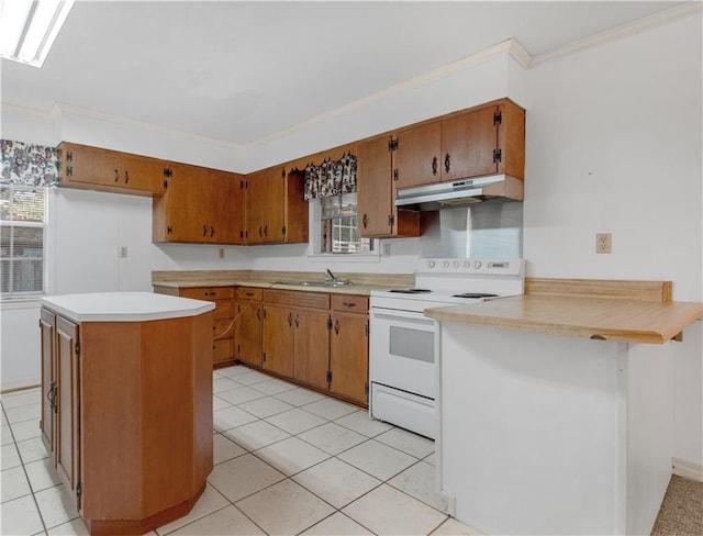 kitchen with white electric range oven, sink, ornamental molding, kitchen peninsula, and a healthy amount of sunlight