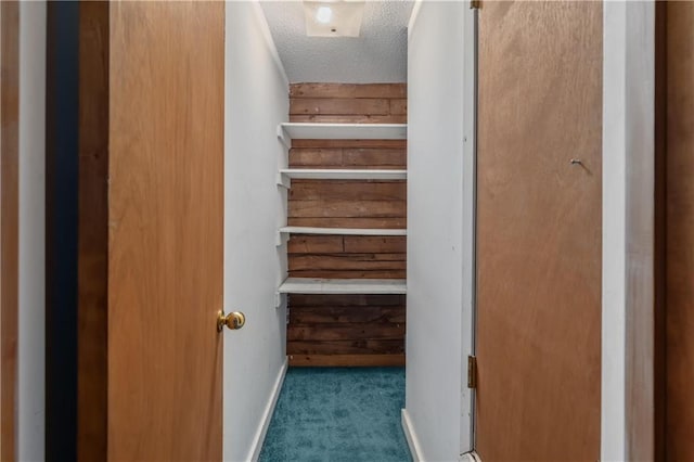 stairway with wooden walls, carpet floors, and a textured ceiling