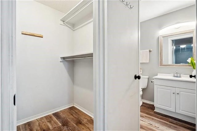 6050 Grelot Rd Unit 202, Mobile, AL 36609 - bathroom featuring vanity, baseboards, toilet, and wood finished floors