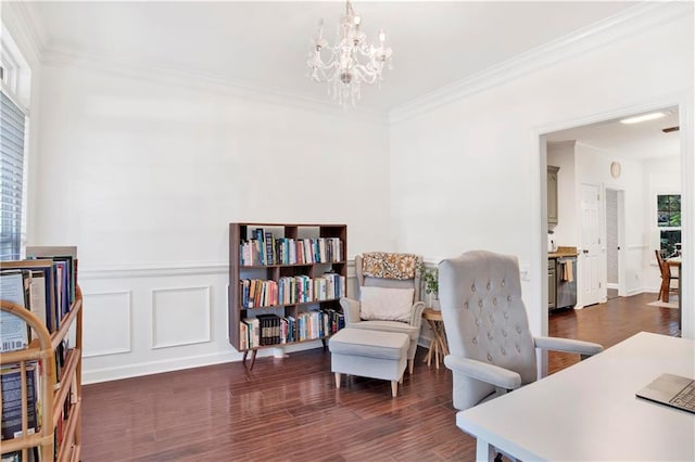 office area featuring crown molding, dark wood-type flooring, and a chandelier