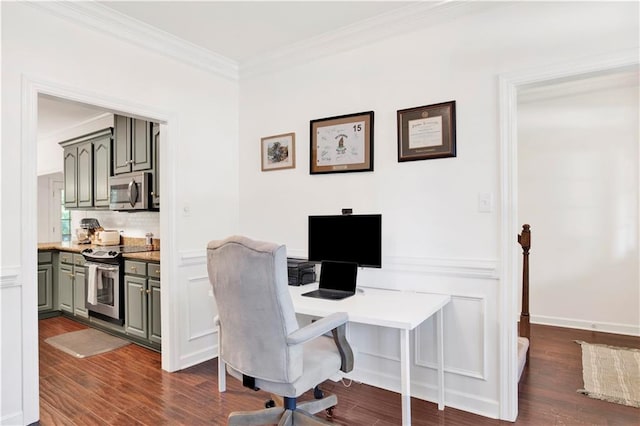 office area featuring crown molding and dark hardwood / wood-style floors