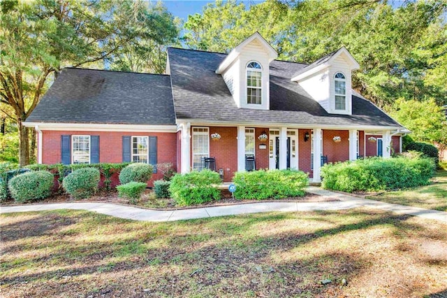 cape cod home featuring a front lawn and a porch