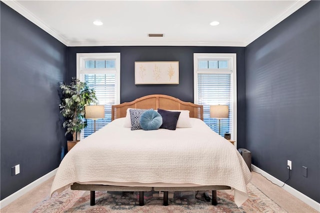 bedroom with multiple windows, carpet, and ornamental molding