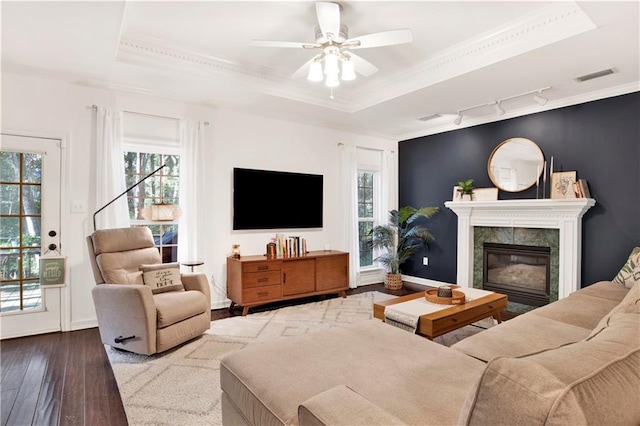 living room with a raised ceiling, ceiling fan, a fireplace, and wood-type flooring