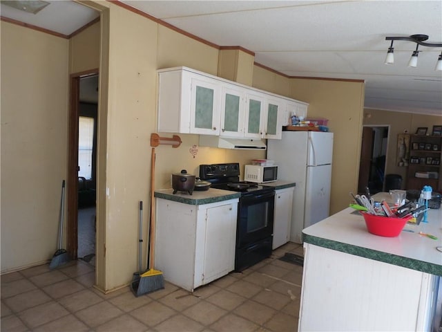 kitchen with under cabinet range hood, white appliances, white cabinetry, ornamental molding, and glass insert cabinets