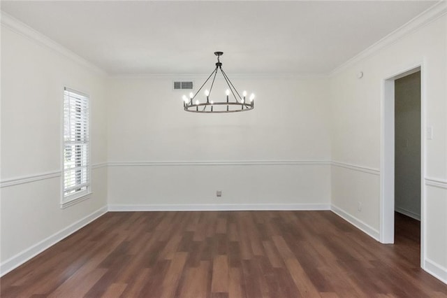 unfurnished dining area with crown molding, dark wood-type flooring, and an inviting chandelier