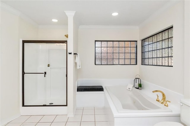 bathroom featuring tile patterned flooring, separate shower and tub, and crown molding