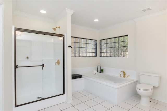 bathroom featuring tile patterned floors, toilet, crown molding, and shower with separate bathtub