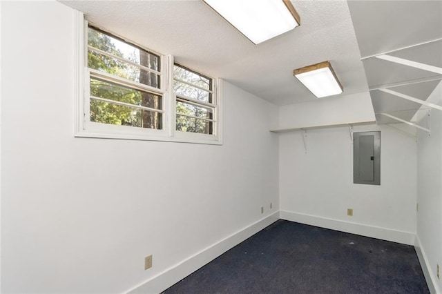 bonus room with electric panel, a textured ceiling, and dark colored carpet