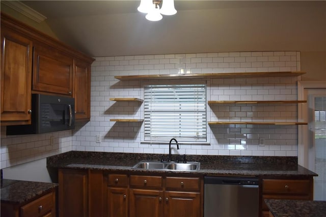 4973 Mccrary Rd, Semmes, AL 36575 - kitchen with open shelves, dishwasher, backsplash, and black microwave