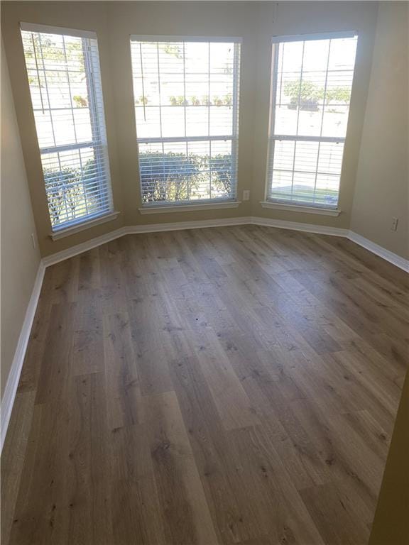 spare room with a wealth of natural light and dark wood-type flooring