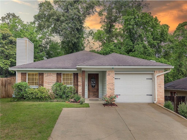 5644 Bentley Ct, Mobile, AL 36609 - ranch-style house with brick siding, concrete driveway, a shingled roof, an attached garage, and a chimney
