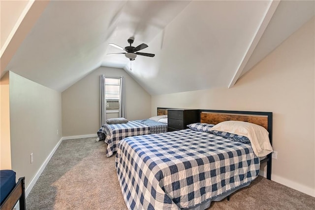 carpeted bedroom featuring lofted ceiling and ceiling fan