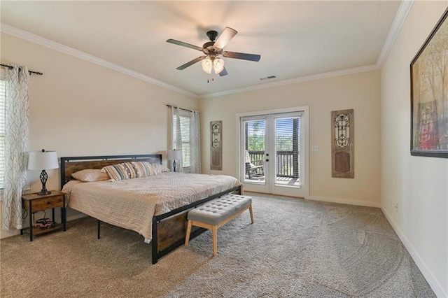 carpeted bedroom with ornamental molding, french doors, ceiling fan, and access to exterior