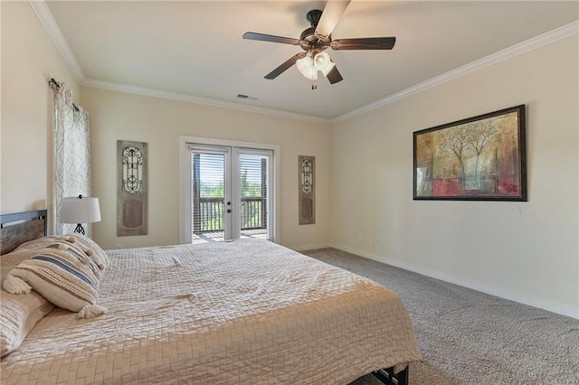 carpeted bedroom with crown molding, access to outside, french doors, and ceiling fan