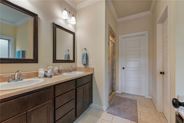 bathroom featuring tile patterned flooring, crown molding, and double vanity