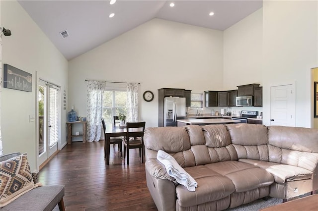 living room featuring sink, high vaulted ceiling, and dark wood-type flooring