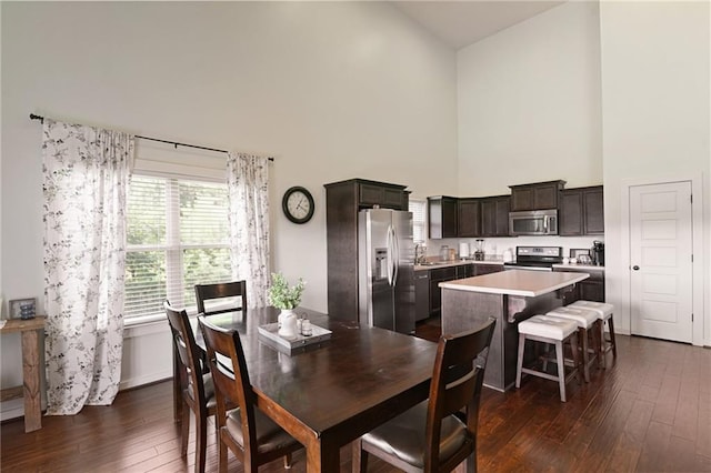 dining area featuring dark hardwood / wood-style floors, sink, and high vaulted ceiling