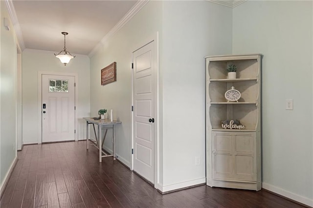 foyer entrance featuring dark wood-type flooring and crown molding