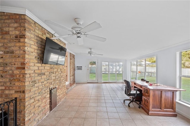 tiled office space featuring ceiling fan, crown molding, brick wall, and vaulted ceiling