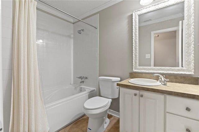 full bathroom featuring vanity, crown molding, tile patterned flooring, toilet, and shower / bathtub combination with curtain