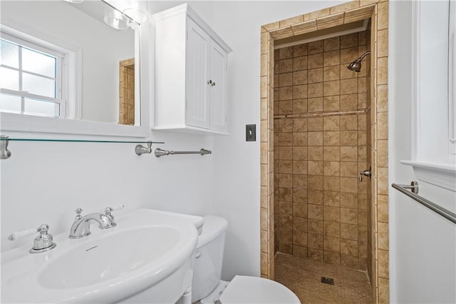 full bathroom with toilet, a stall shower, and a sink