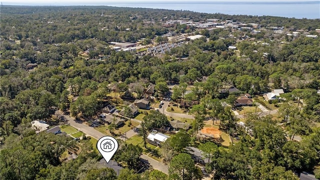 bird's eye view with a wooded view