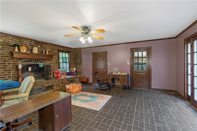 608 Montclaire Way, Mobile, AL 36609 - living room featuring brick patterned flooring, baseboards, plenty of natural light, ceiling fan, and crown molding