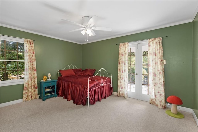 608 Montclaire Way, Mobile, AL 36609 - bedroom with baseboards, french doors, multiple windows, ornamental molding, and carpet floors