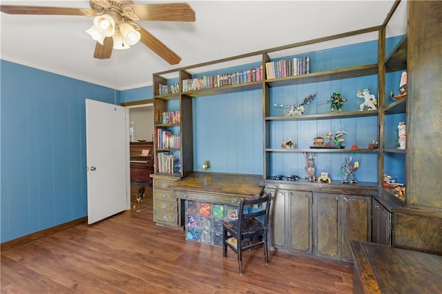 608 Montclaire Way, Mobile, AL 36609 - office space with ceiling fan, wood finished floors, crown molding, and baseboards