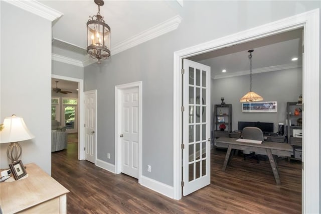 9102 Magnolia Ct, Spanish Fort, AL 36527 - home office featuring ornamental molding, dark wood finished floors, baseboards, ceiling fan, and a chandelier