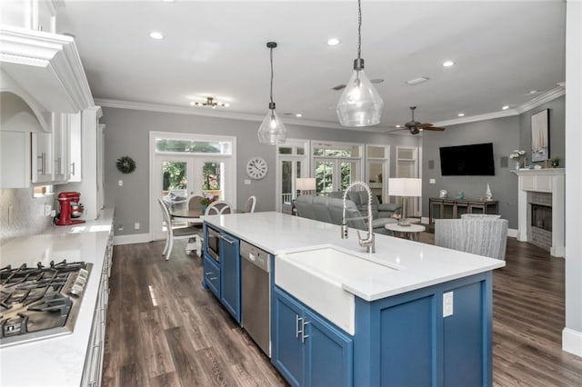 9102 Magnolia Ct, Spanish Fort, AL 36527 - kitchen featuring blue cabinets, appliances with stainless steel finishes, french doors, a sink, and recessed lighting