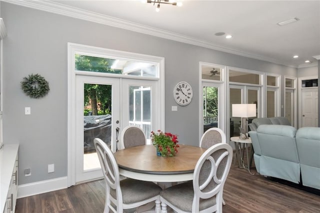 9102 Magnolia Ct, Spanish Fort, AL 36527 - dining space featuring french doors, dark wood-type flooring, crown molding, baseboards, and recessed lighting