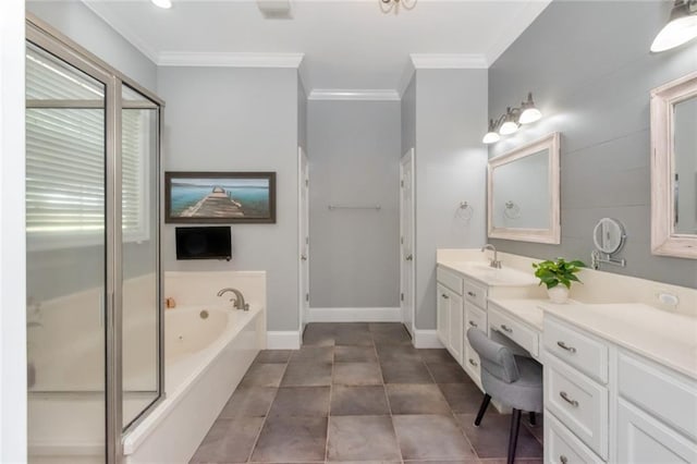 9102 Magnolia Ct, Spanish Fort, AL 36527 - full bath with a garden tub, ornamental molding, vanity, baseboards, and an enclosed shower