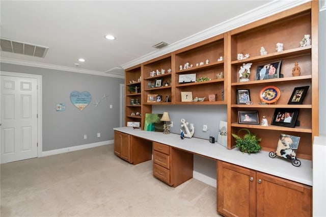 9102 Magnolia Ct, Spanish Fort, AL 36527 - office space with built in desk, light carpet, crown molding, baseboards, and recessed lighting